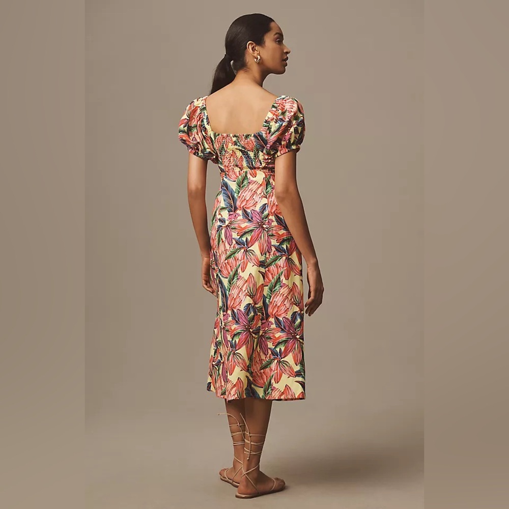 Farm Rio x Anthropologie Puff-Sleeve Sweetheart Linen Midi Dress - Picture 2 of 4